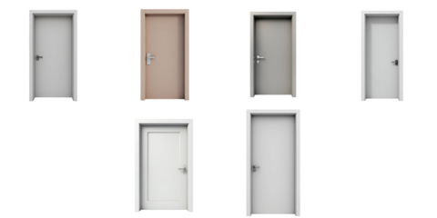 Collection of various styled exit doors in multiple colors and designs isolated on a transparent background for use in architectural or interior design projects.