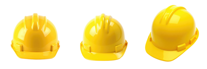 Three plastic yellow safety helmets on a transparent background showcasing different angles of construction hard hats emphasizing worker safety and protection equipment.