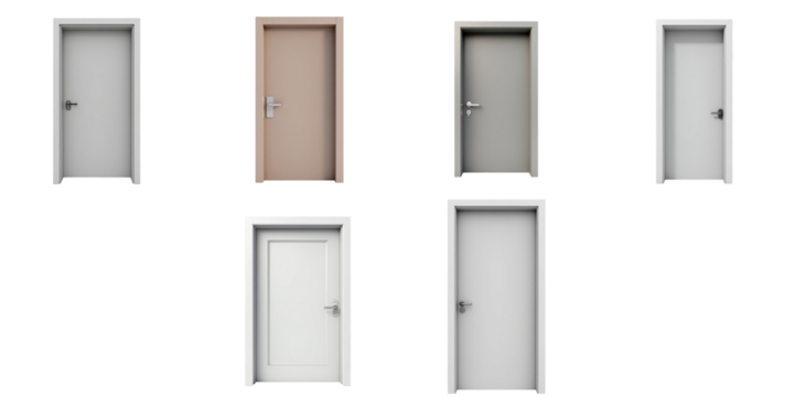 Collection of various styled exit doors in multiple colors and designs isolated on a transparent background for use in architectural or interior design projects.