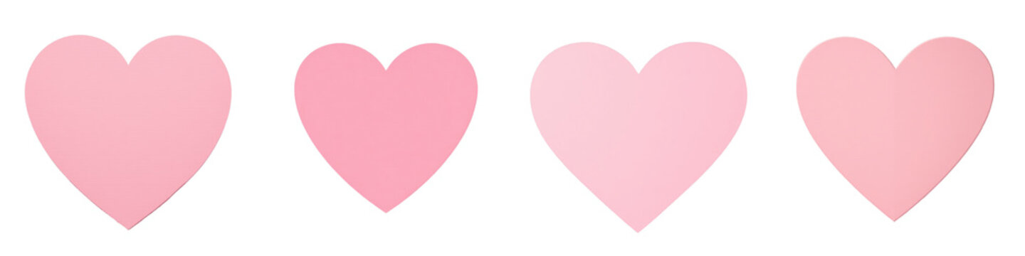 Set of four gradient pink heart shapes in varying shades, isolated on a transparent background for design and illustration purposes.