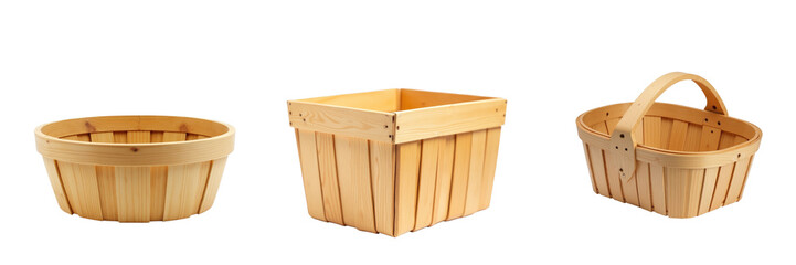 Three empty wooden baskets featuring various designs isolated on a transparent background, showcasing round, square, and handled shapes for versatile use.