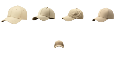 Set of five beige baseball caps displayed on a transparent background showcasing various styles and angles with clear clipping path for easy integration