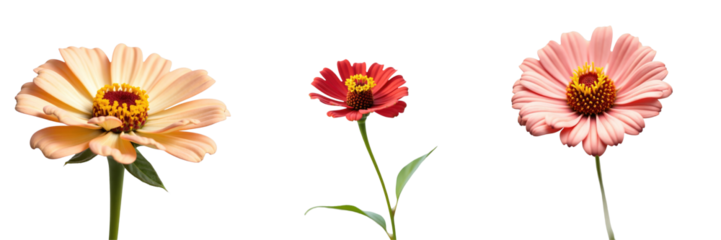 Set of three different colored Zinnia flowers showcasing various stages of bloom, isolated on a transparent background with distinct details and textures of petals and leaves.