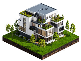 Apartment Building on a Green Landscape with Trees, Transparent