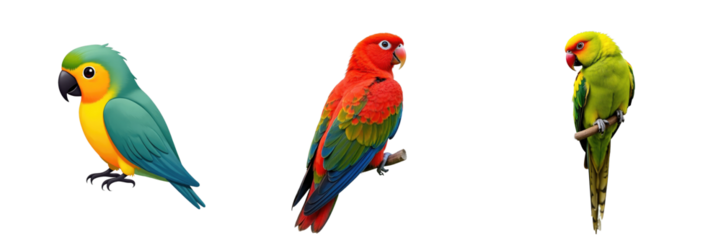 Three cartoon-style parrot illustrations displaying vibrant feathers, featuring distinct colors and poses, isolated on a transparent background.