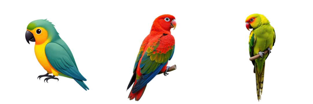 Three cartoon-style parrot illustrations displaying vibrant feathers, featuring distinct colors and poses, isolated on a transparent background.