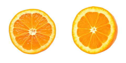 Two halves of a ripe orange with visible lobules displayed against a clear background highlighting the vibrant color and texture of the fruit segments.