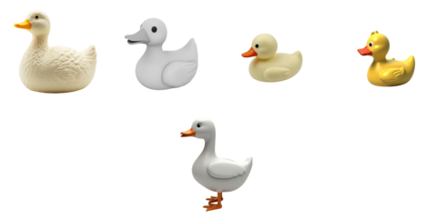 Plastic duck toys in various sizes and colors arranged on a transparent background, featuring realistic textures and details of each model including traditional and novelty designs.