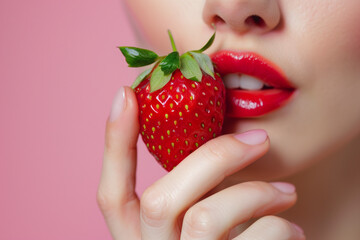 Obraz premium Red lips holding ripe strawberry on pink background. Sensual beauty and summer freshness concept, macro close-up