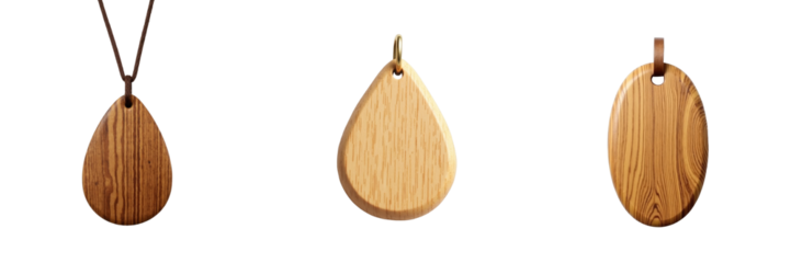 Various wooden pendants in different shapes and sizes isolated on a transparent background showcasing natural wood texture and craftsmanship detail.