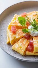 Golden cheese blini topped with salmon and fresh herbs on a plate  