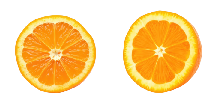 Two halves of a ripe orange with visible lobules displayed against a clear background highlighting the vibrant color and texture of the fruit segments.