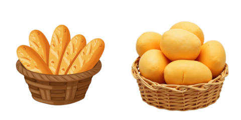 Basket filled with golden sweet bread loaves alongside a basket of yellow rounded dough balls, isolated on a transparent background