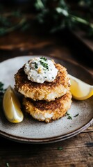 Crispy crab cakes served with lemon slices on a rustic plate  