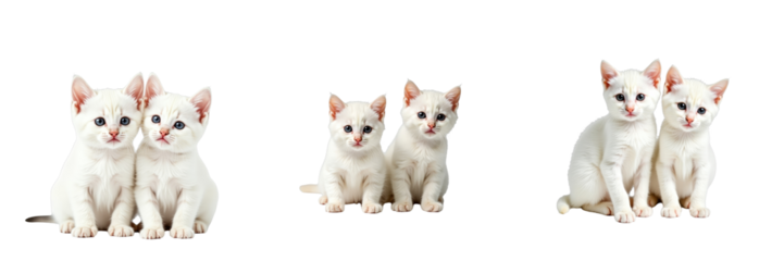 Three pairs of adorable white kittens posing together in different stances on a transparent background, highlighting their playful expressions and soft fur.