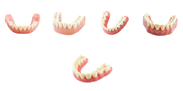 Assorted types of removable partial dentures displayed on a transparent background showcasing different shapes and configurations of dental prosthetics