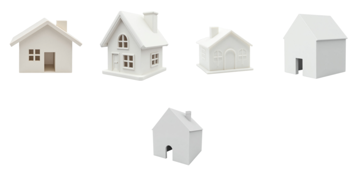 Assorted collection of 3D printed model houses in white plastic displayed on a transparent background showcasing different architectural styles and designs