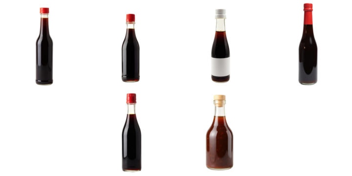 Various soy sauce bottles displayed on a transparent background featuring different cap colors and bottle shapes in a collection format for culinary uses.