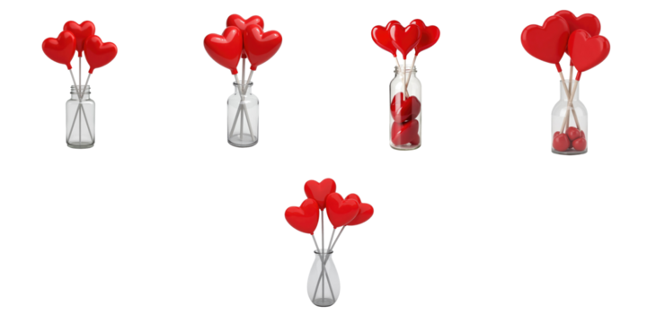 Red heart-shaped lollipops arranged in various glass bottles isolated on a transparent background representing a Valentine's Day theme with sweet treats.