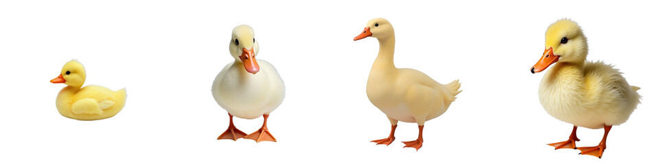four distinct duck breeds isolated on transparent background featuring a yellow duckling a white duck a beige adult duck and a fluffy yellow duckling