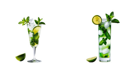 Mojito cocktails in two distinct glasses with mint leaves lime wedges and ice cubes on a transparent background featuring isolated ingredients