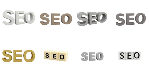 3D text representation of SEO in various styles and colors including metallic, wooden, and block letters displayed against a transparent background, emphasizing digital marketing concepts