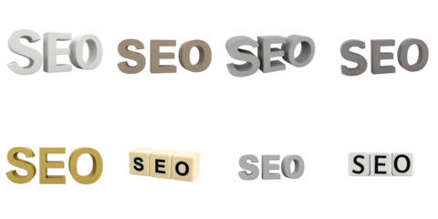 3D text representation of SEO in various styles and colors including metallic, wooden, and block letters displayed against a transparent background, emphasizing digital marketing concepts