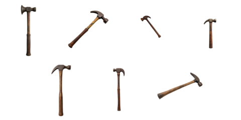 Collection of various old rusty and dirty hammers arranged on a transparent background highlighting their worn wooden handles and weathered heads