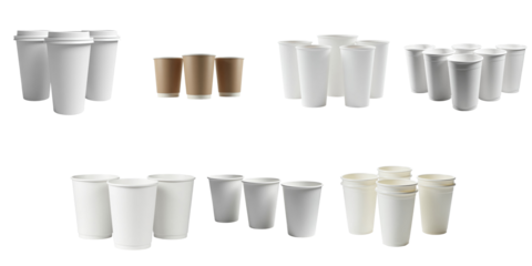 Collection of disposable plastic coffee cups in various sizes and colors arranged in groups on a transparent background for product display or advertising purposes