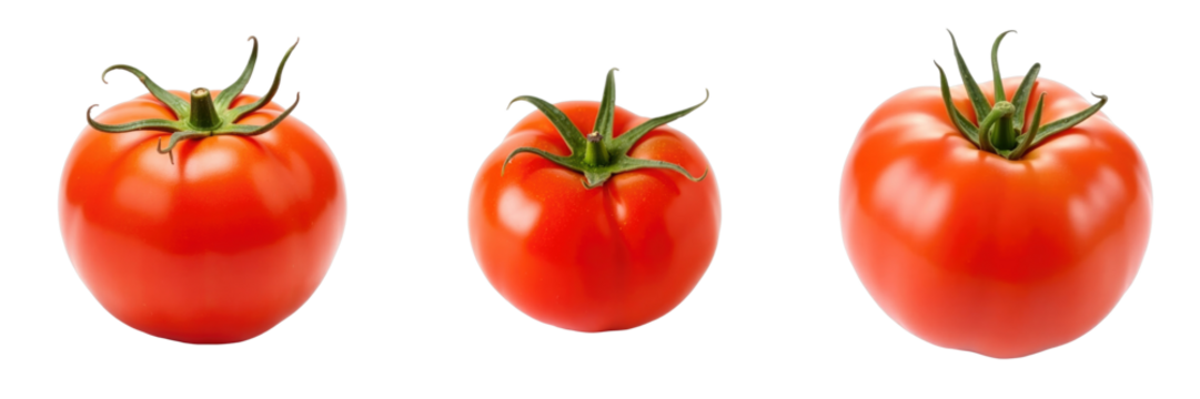 Three ripe red tomatoes with green stems arranged in a row on a transparent background highlighting their glossy texture and fresh appearance
