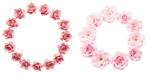 Circular flower wreaths featuring pink artificial roses and peonies against a transparent background with transparent space for custom text or design elements. Ideal for decorative purposes.