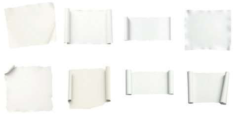 Collection of torn and rolled white paper pieces on transparent background displaying various blank spaces for text or design elements in creativity and communication projects.