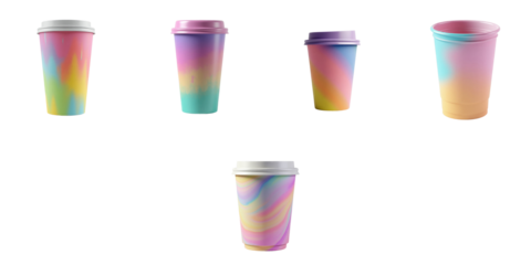 Colorful coffee cup mockup set on transparent background featuring various angles and designs ideal for branding and graphic design applications.