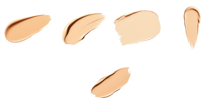Make-up foundation brush strokes in various textures and shapes isolated on transparent background for beauty and cosmetic product presentations. Beige tones featured prominently.