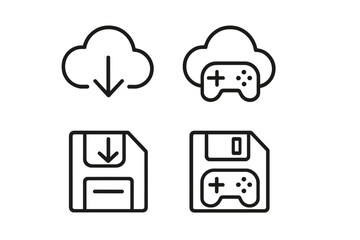 Cloud and file icons for download and gaming on metallic background