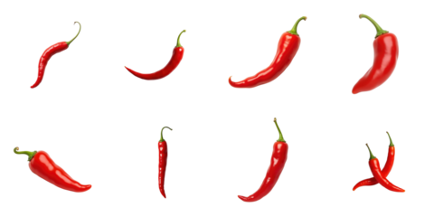 Various red chili peppers arranged in multiple positions on a transparent background showcasing their vibrant color and distinct shapes suitable for culinary and graphic design use.