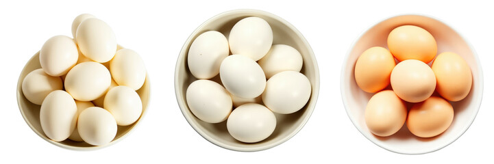 variety of eggs in three different bowls isolated on a transparent background displaying white and brown eggs in different sizes and arrangements