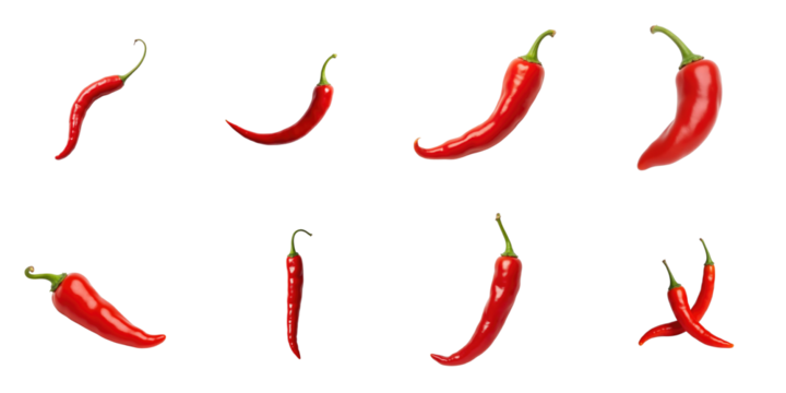 Various red chili peppers arranged in multiple positions on a transparent background showcasing their vibrant color and distinct shapes suitable for culinary and graphic design use.