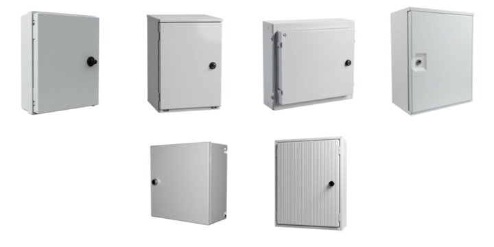 Collection of six electrical junction boxes and distribution boxes in various shapes and sizes isolated on a transparent background with clear clipping path for diverse applications.