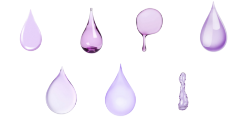 Assortment of transparent purple liquid drops in various shapes and sizes isolated on a transparent background each displaying unique reflections and highlights