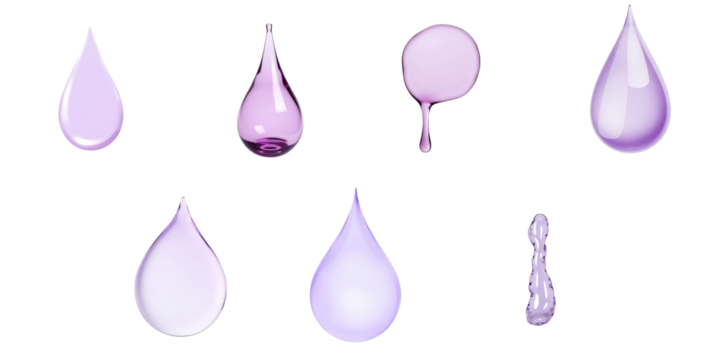 Assortment of transparent purple liquid drops in various shapes and sizes isolated on a transparent background each displaying unique reflections and highlights