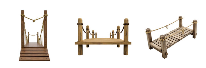 Obraz premium Macro photography of wooden bridge piers with rope ties featuring three perspectives on a transparent background for isolation and focus on details