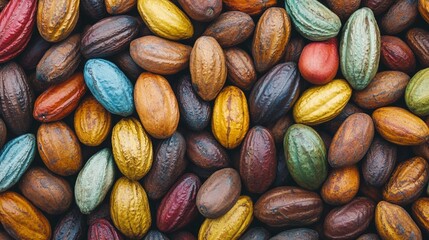 Colorful cacao pods densely arranged showcase the art of nature's abundance, highlighting the vibrant and diverse beauty within the cocoa farming world, perfect for food enthusiasts.