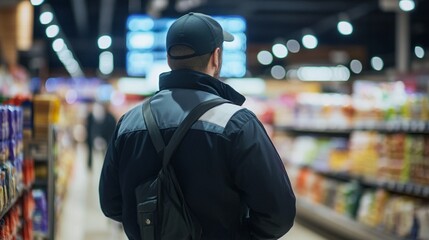 Shopper in dark jacket and cap explores grocery store aisle, surrounded by blurred product shelves and soft ambient lighting of modern retail environment