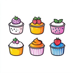 Colorful Cartoon Cupcakes with Creamy Frosting and Fresh Fruit Toppings