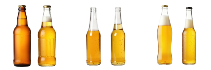 set of dry and wet beer bottles isolated on transparent background with clear visibility of condensation and reflections on the surfaces