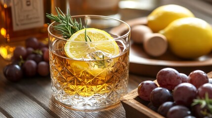 Crafted cocktail with golden whiskey, fresh rosemary sprig, and lemon slice, elegantly served in cut crystal glass, surrounded by rustic wooden table, ripe grapes, and soft natural lighting