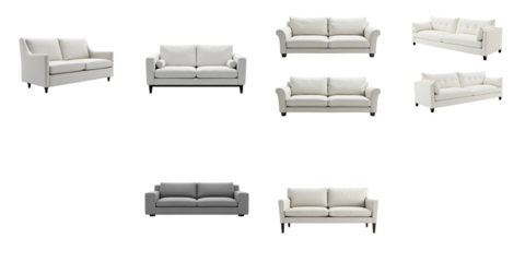 various sofa designs isolated on transparent background showing multiple angles and styles including modern, traditional, and minimalist options arranged in a grid layout