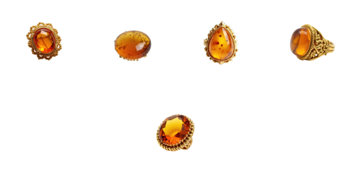 Amber gemstone jewelry collection featuring various designs of rings and pendants set in intricate gold settings isolated on a transparent background
