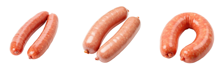 Raw sausages in various shapes including curved and straight forms, isolated on a transparent background for clear visibility and versatile use in culinary and food-related designs.